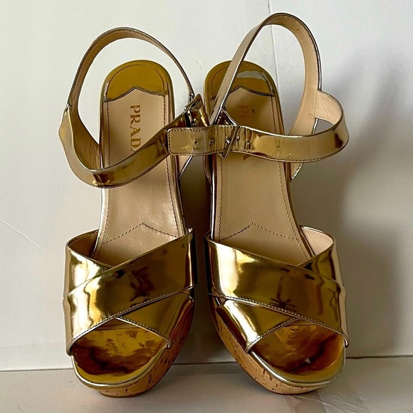 Prada Gold Metallic Cork Wedge Sandals - Picture 2 of 10